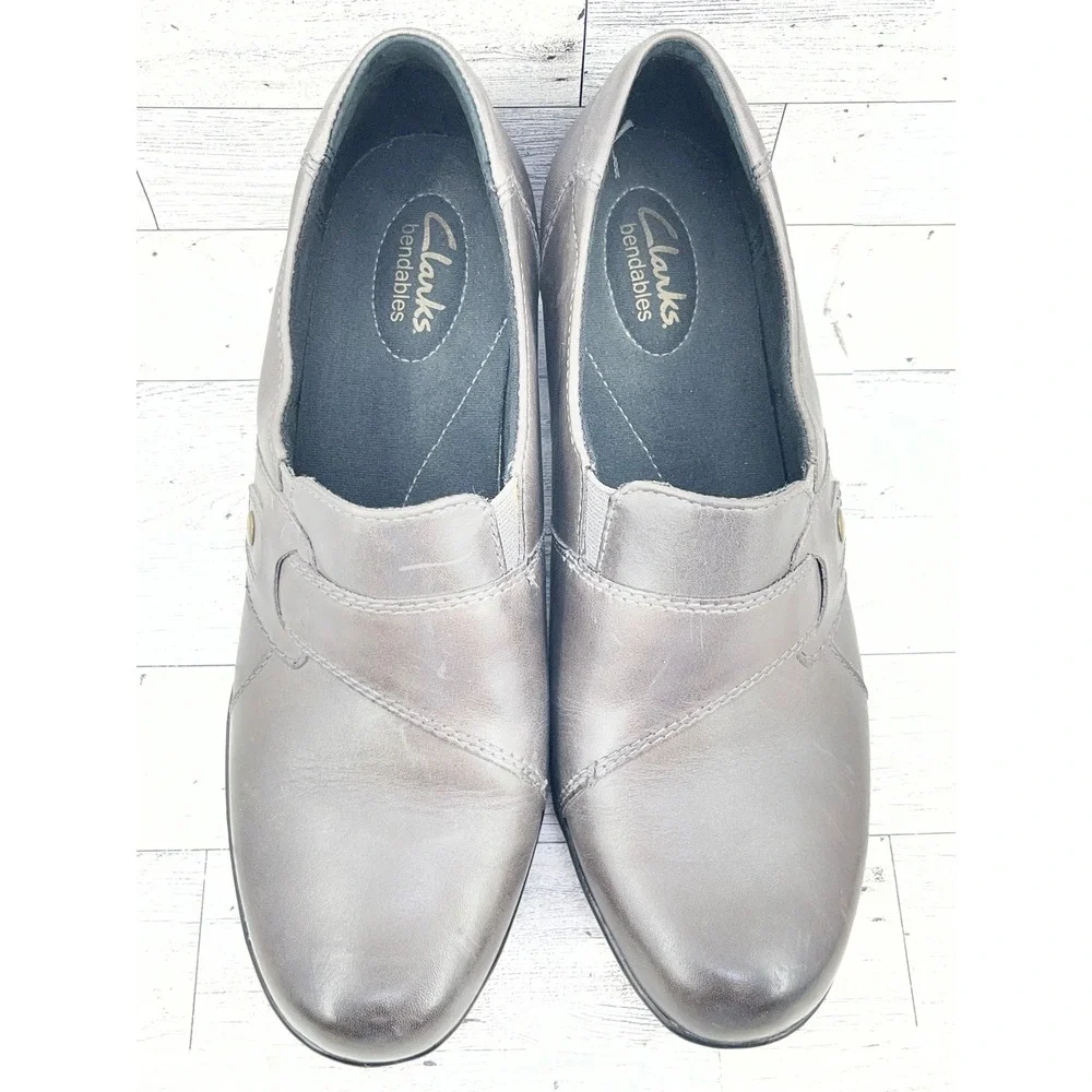 Clarks‎ Bendables Women Size 9.5M Dark Gray Leather Slip On Loafers Block Heel